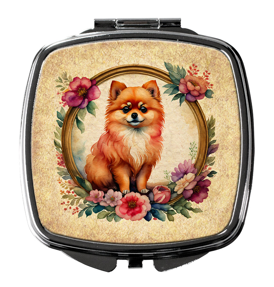 Pomeranian and Flowers Compact Mirror Image 1