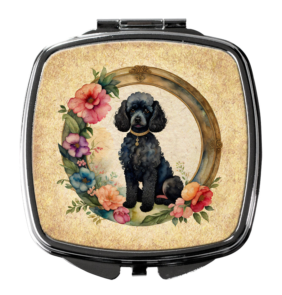 Black Poodle and Flowers Compact Mirror Image 1