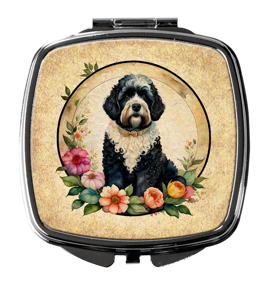 Portuguese Water Dog and Flowers Compact Mirror Image 1