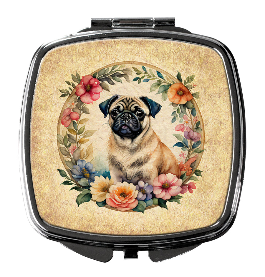 Fawn Pug and Flowers Compact Mirror Image 1