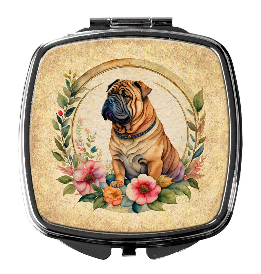 Shar Pei and Flowers Compact Mirror Image 1