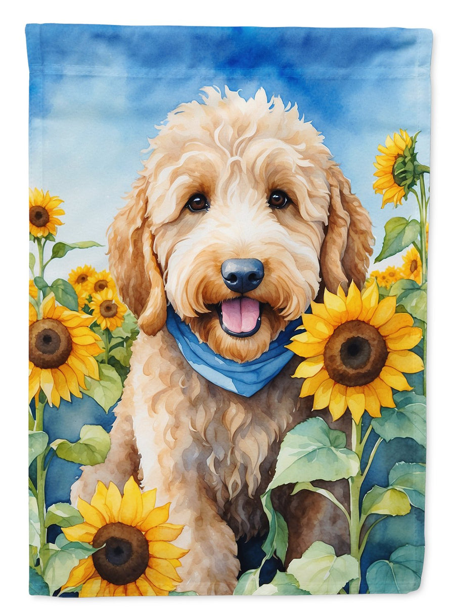 Goldendoodle in Sunflowers House Flag Image 1