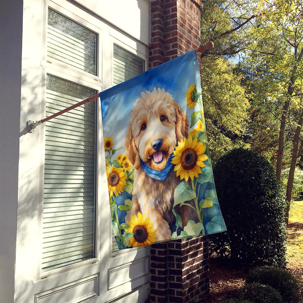 Goldendoodle in Sunflowers House Flag Image 2