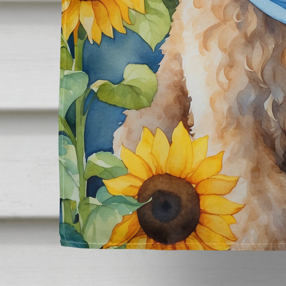 Goldendoodle in Sunflowers House Flag Image 4