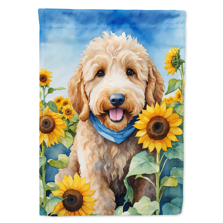 Goldendoodle in Sunflowers Garden Flag Image 1