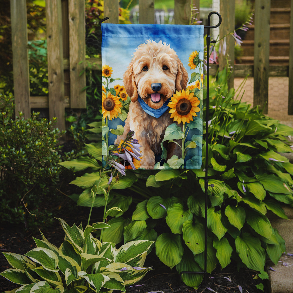 Goldendoodle in Sunflowers Garden Flag Image 2