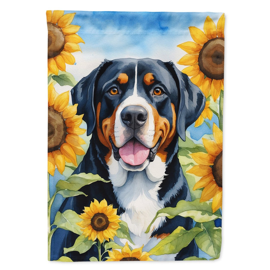 Greater Swiss Mountain Dog in Sunflowers Garden Flag Image 1