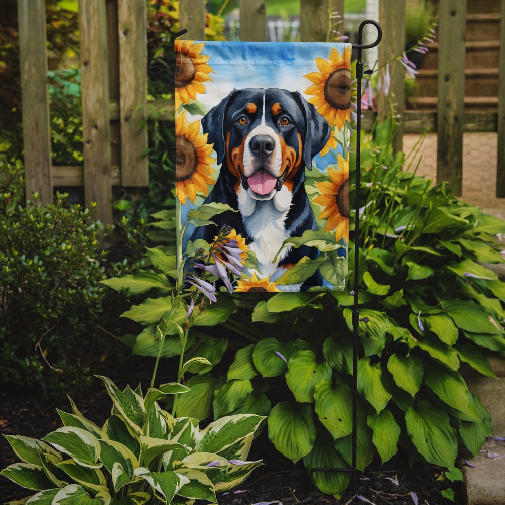 Greater Swiss Mountain Dog in Sunflowers Garden Flag Image 2