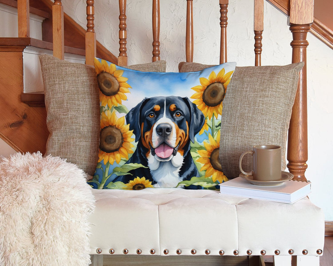 Greater Swiss Mountain Dog in Sunflowers Throw Pillow Image 3