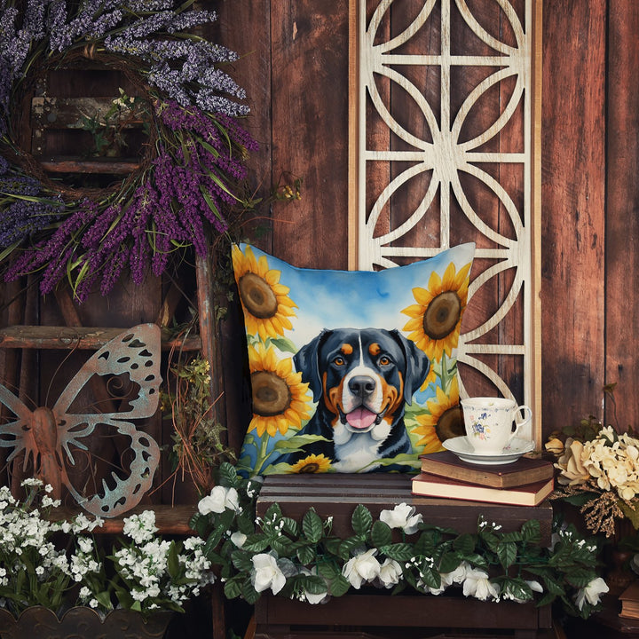 Greater Swiss Mountain Dog in Sunflowers Throw Pillow Image 5