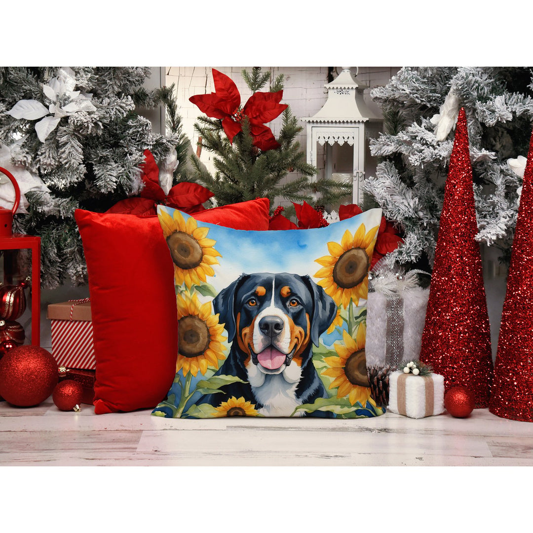 Greater Swiss Mountain Dog in Sunflowers Throw Pillow Image 6