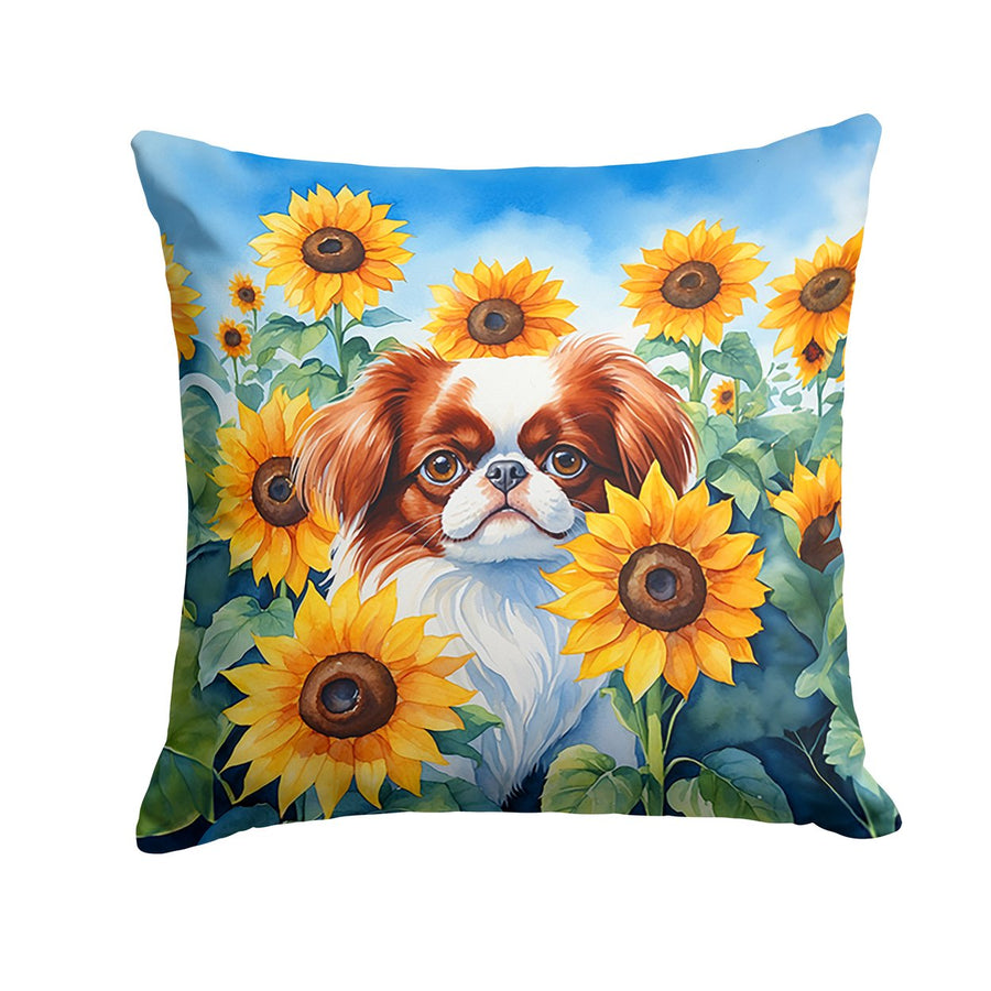 Japanese Chin in Sunflowers Throw Pillow Image 1