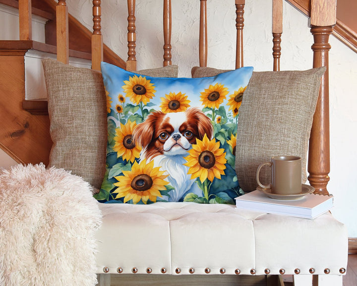Japanese Chin in Sunflowers Throw Pillow Image 3