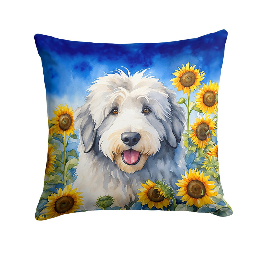 Old English Sheepdog in Sunflowers Throw Pillow Image 1
