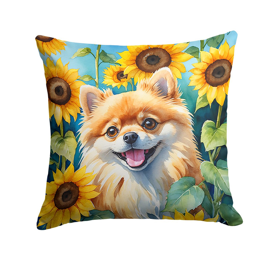 Pomeranian in Sunflowers Throw Pillow Image 1
