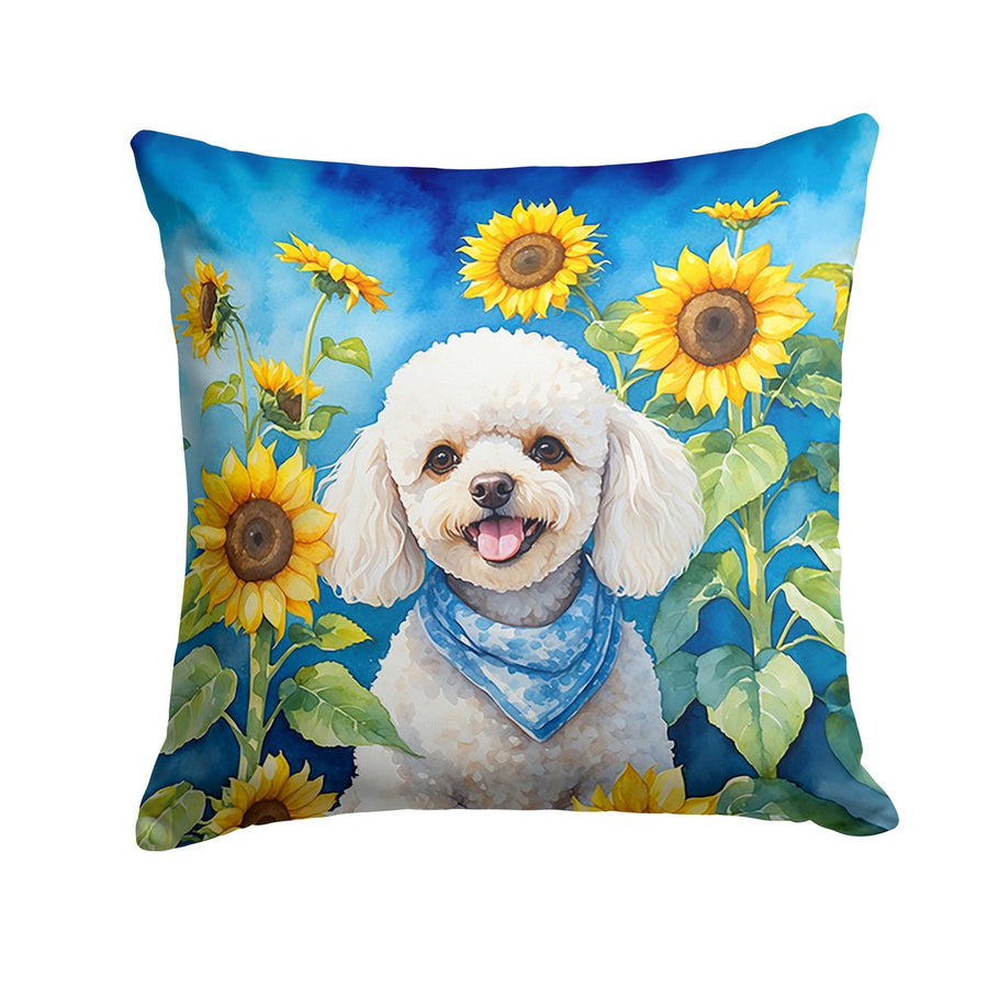 White Poodle in Sunflowers Throw Pillow Image 1