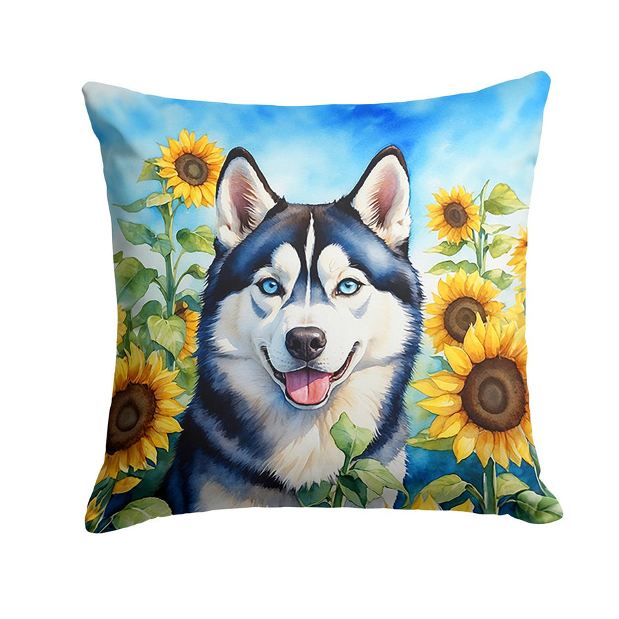 Siberian Husky in Sunflowers Throw Pillow Image 1