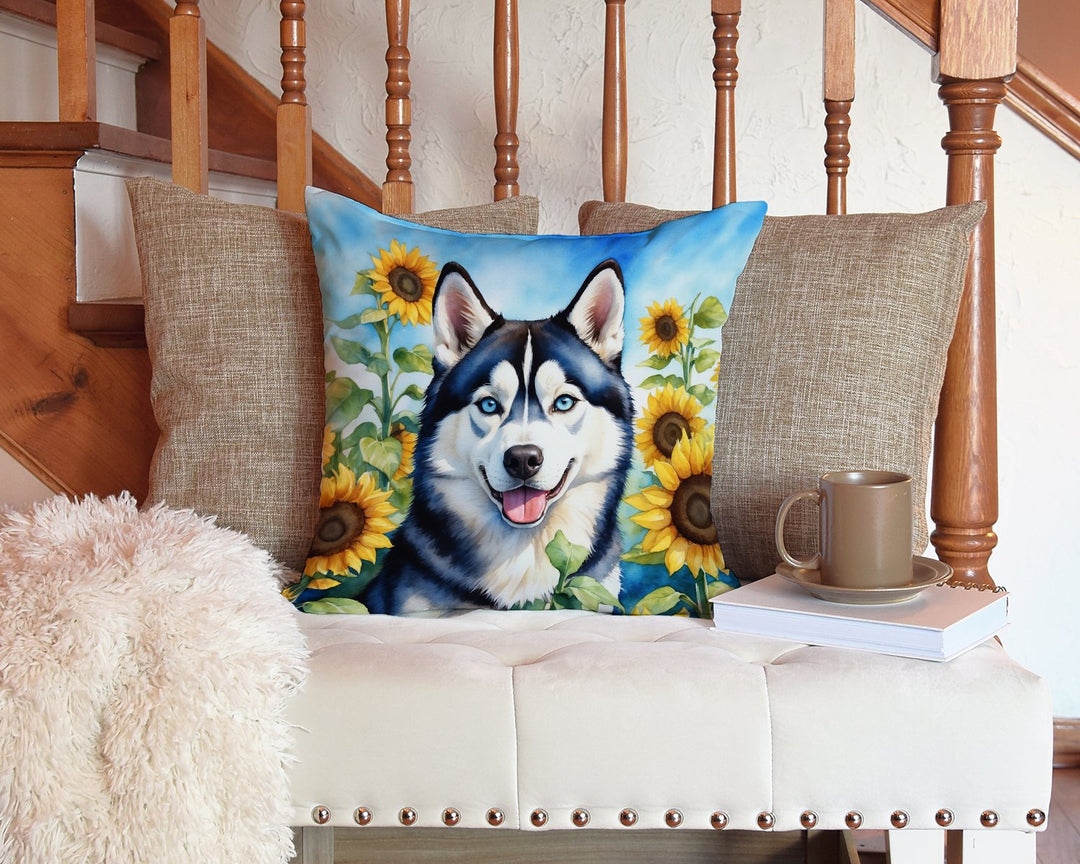 Siberian Husky in Sunflowers Throw Pillow Image 3