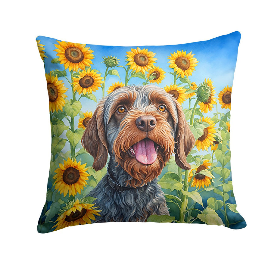 Wirehaired Pointing Griffon in Sunflowers Throw Pillow Image 1
