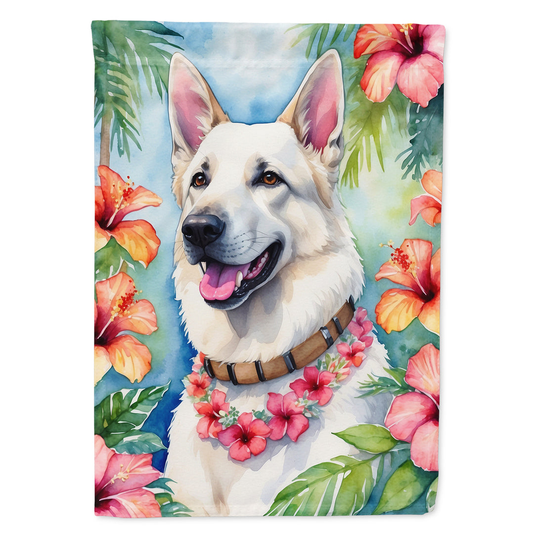 White German Shepherd Luau Garden Flag Image 1