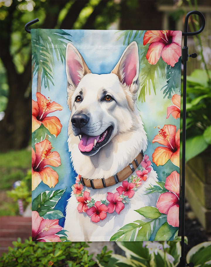 White German Shepherd Luau Garden Flag Image 3