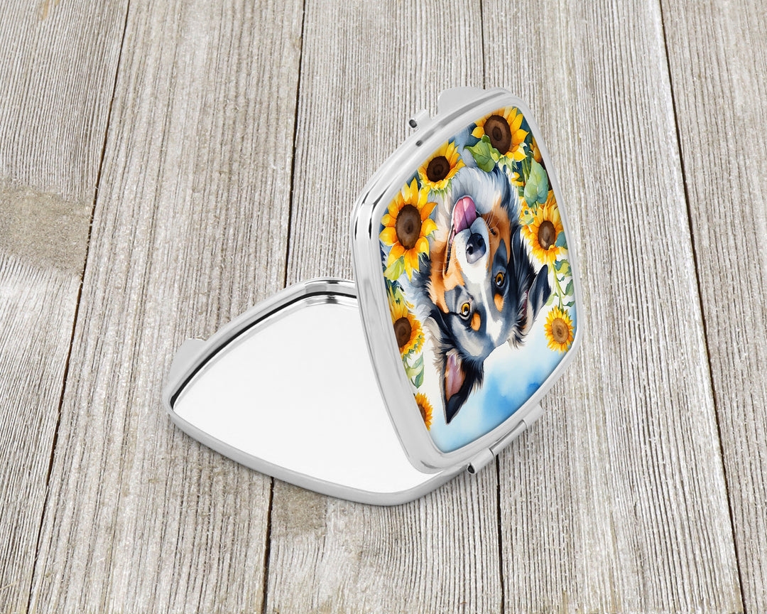 Australian Shepherd in Sunflowers Compact Mirror Image 2