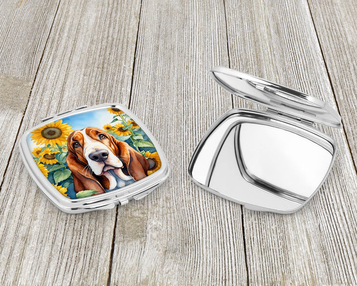 Basset Hound in Sunflowers Compact Mirror Image 3