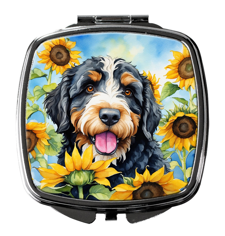 Bernedoodle in Sunflowers Compact Mirror Image 1