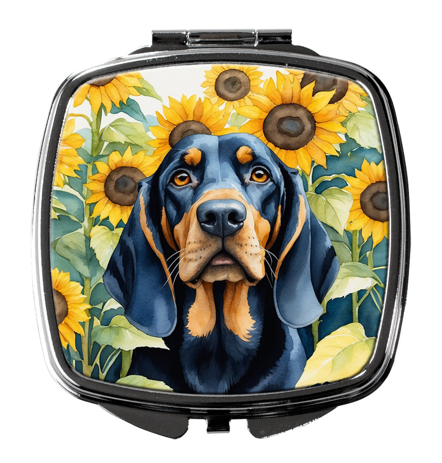Black and Tan Coonhound in Sunflowers Compact Mirror Image 1