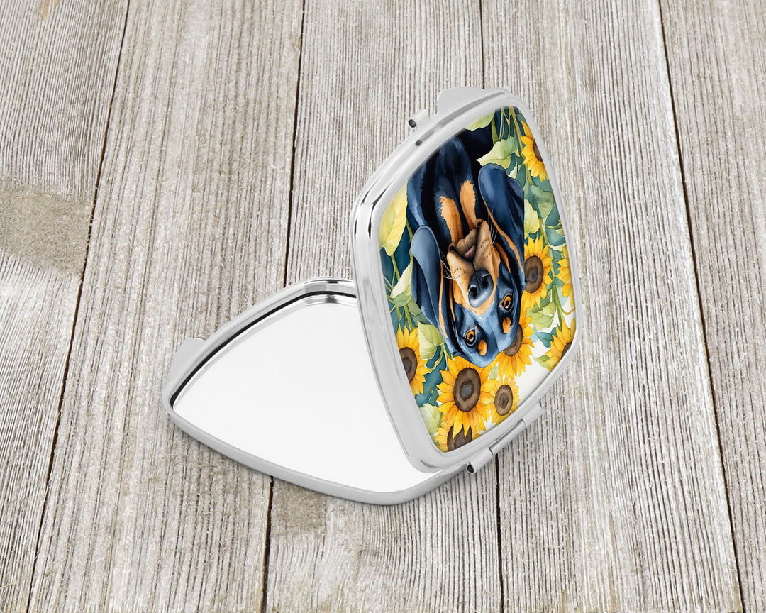 Black and Tan Coonhound in Sunflowers Compact Mirror Image 2