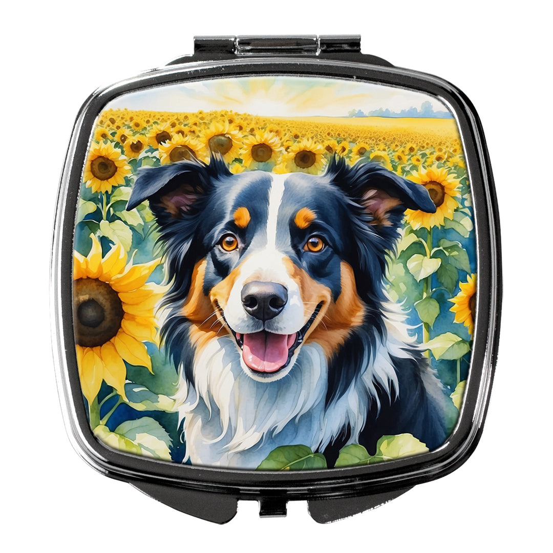 Border Collie in Sunflowers Compact Mirror Image 1