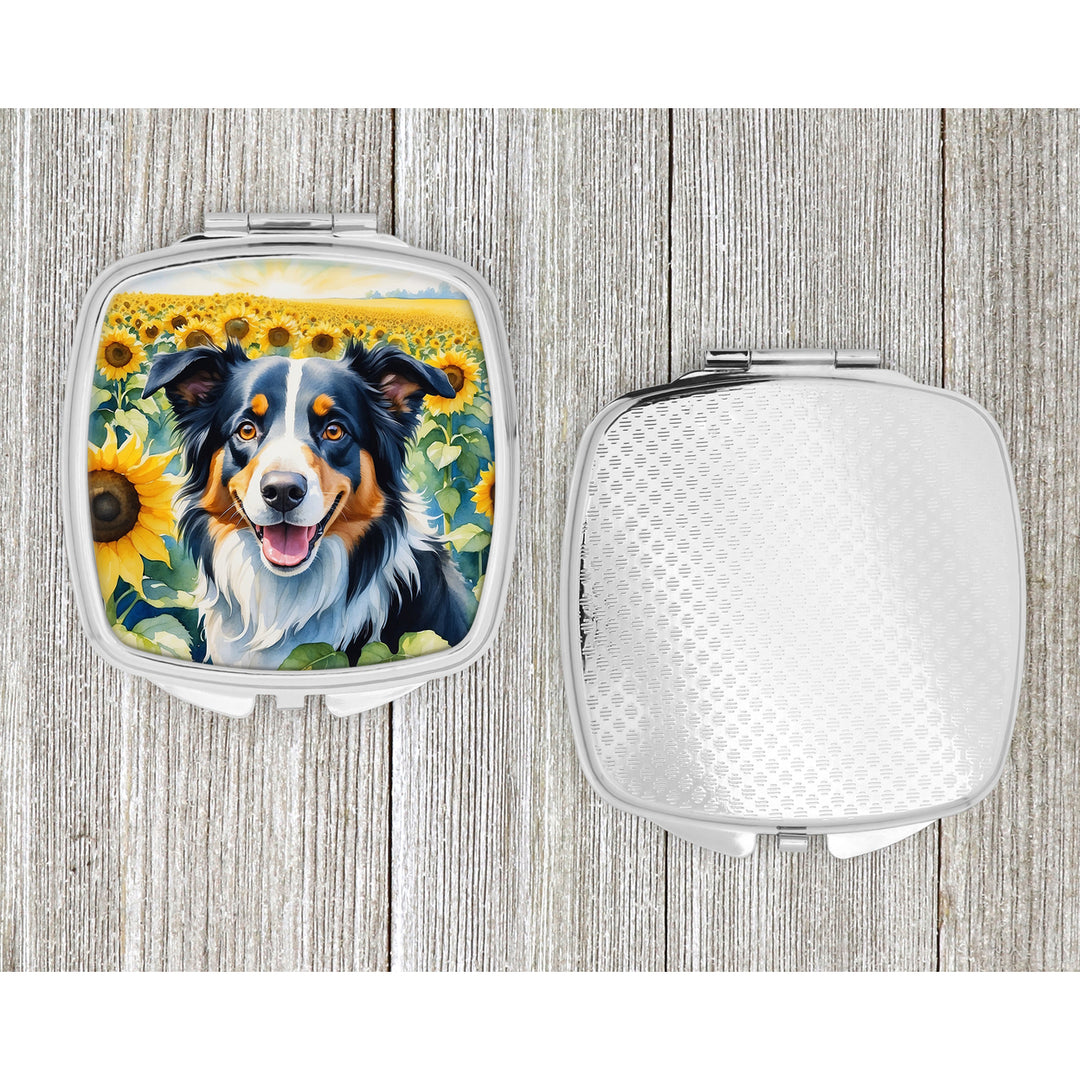 Border Collie in Sunflowers Compact Mirror Image 4