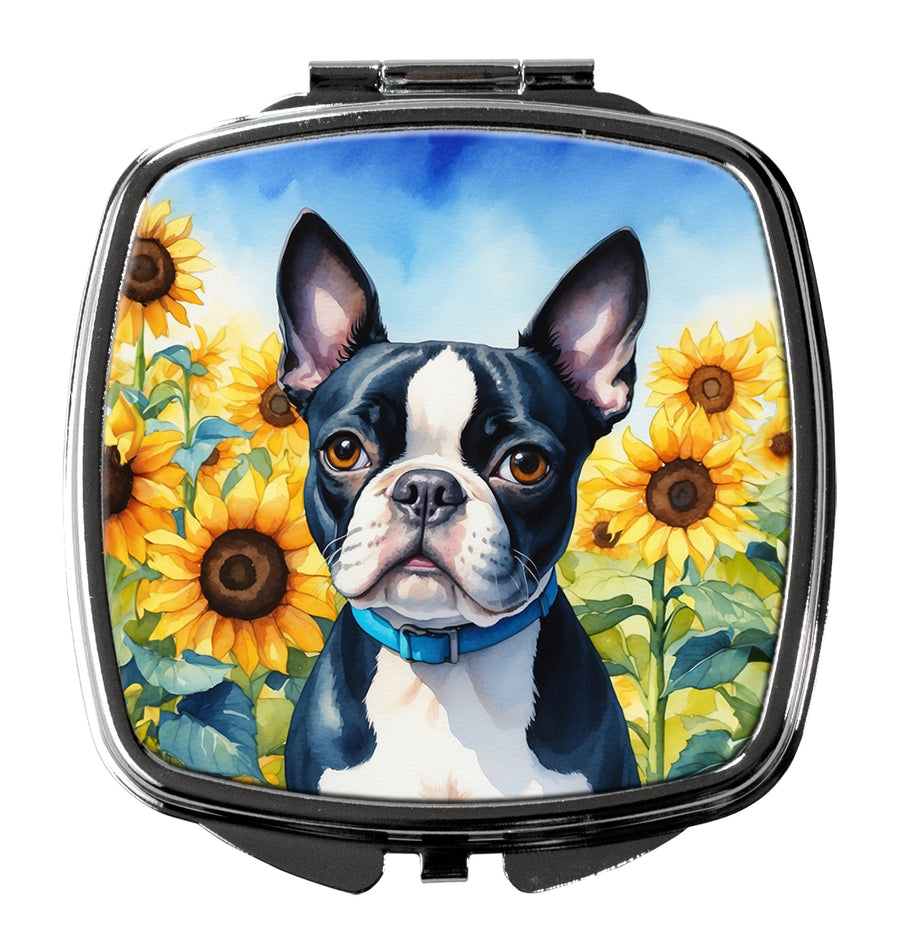 Boston Terrier in Sunflowers Compact Mirror Image 1