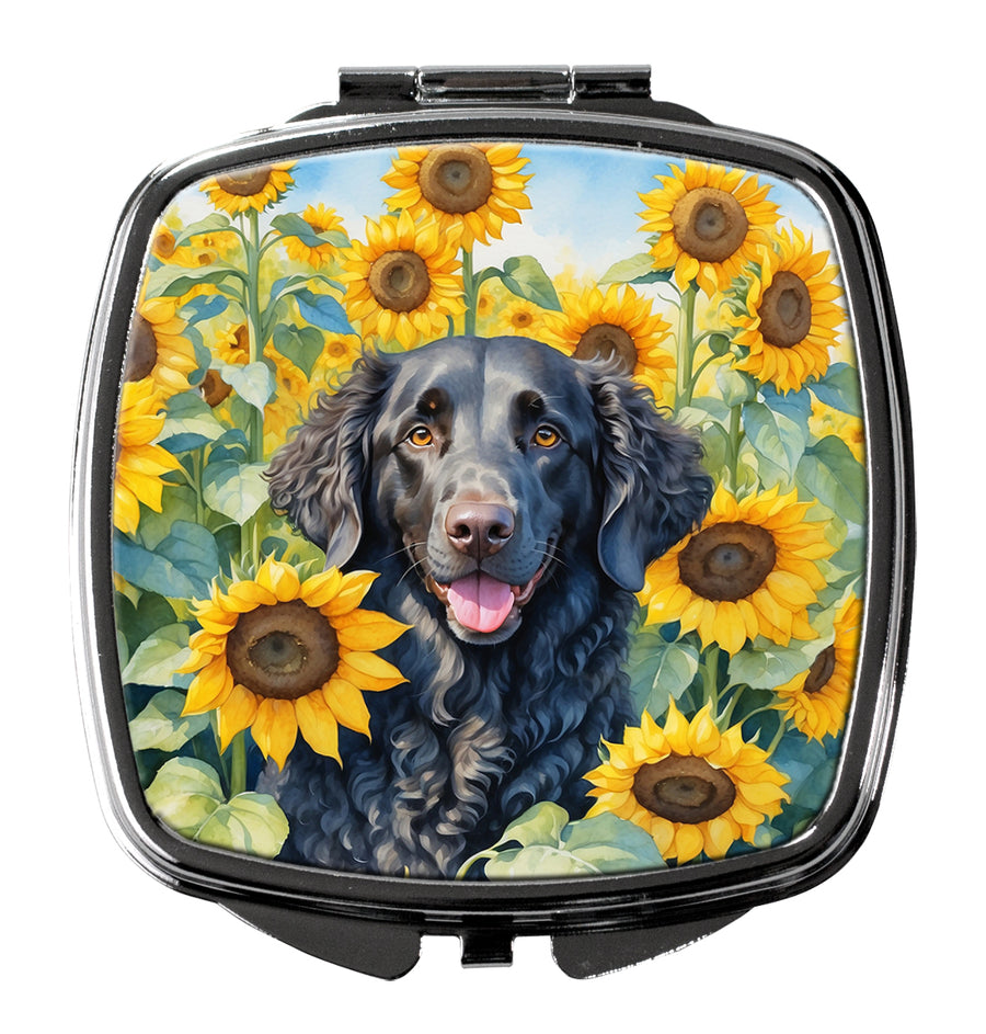 Curly-Coated Retriever in Sunflowers Compact Mirror Image 1