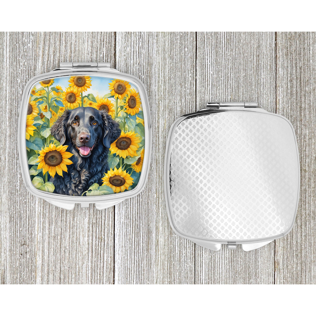 Curly-Coated Retriever in Sunflowers Compact Mirror Image 4