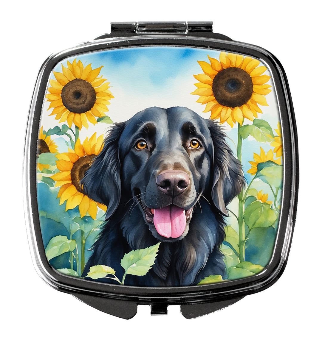 Flat-Coated Retriever in Sunflowers Compact Mirror Image 1