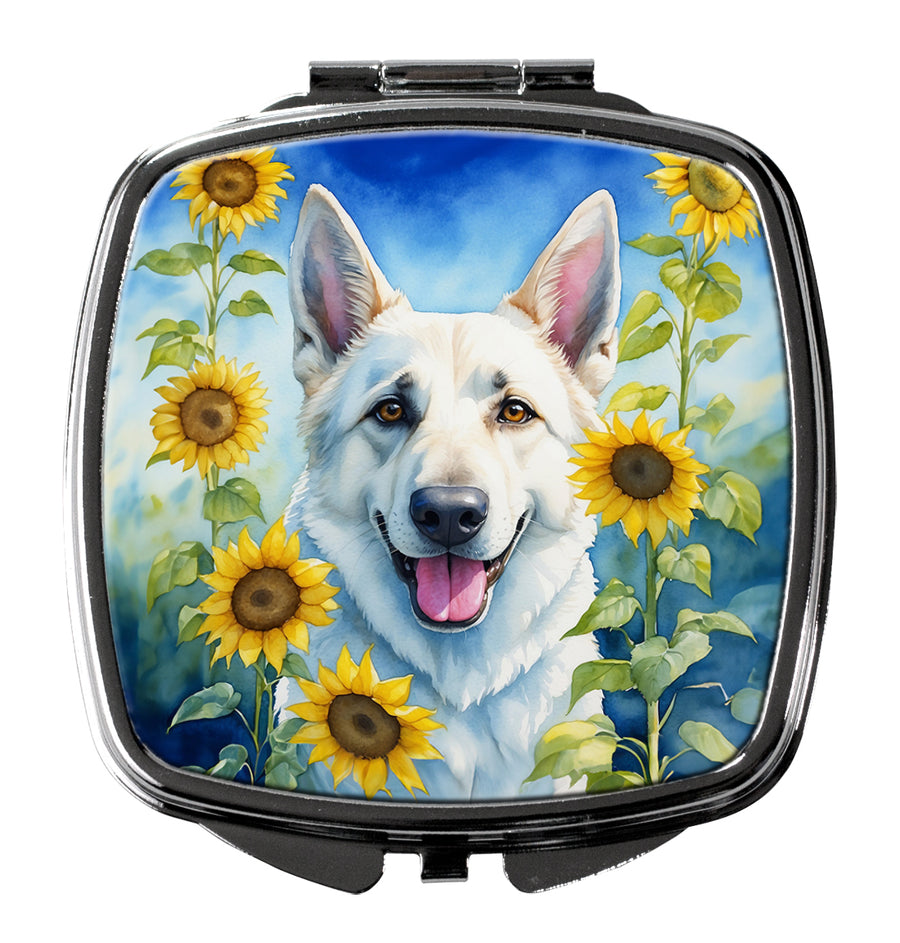 White German Shepherd in Sunflowers Compact Mirror Image 1