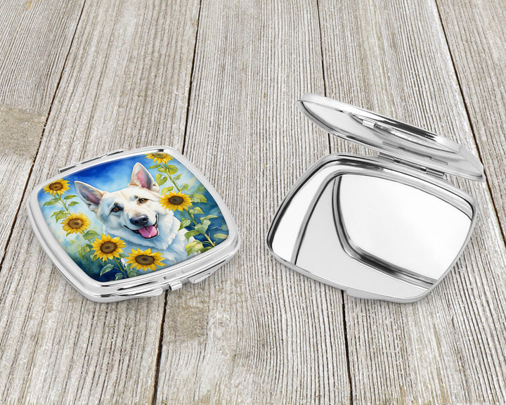 White German Shepherd in Sunflowers Compact Mirror Image 3