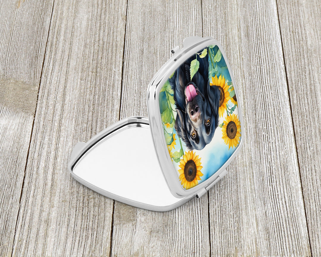 Flat-Coated Retriever in Sunflowers Compact Mirror Image 2