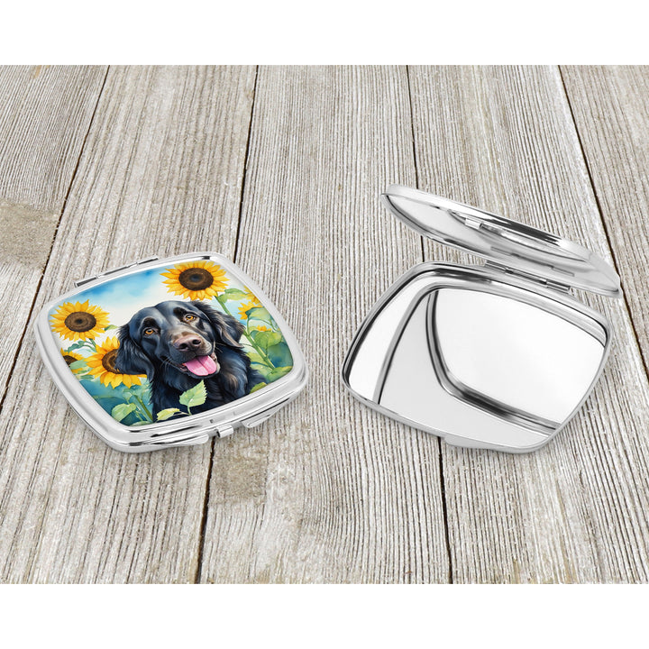 Flat-Coated Retriever in Sunflowers Compact Mirror Image 3