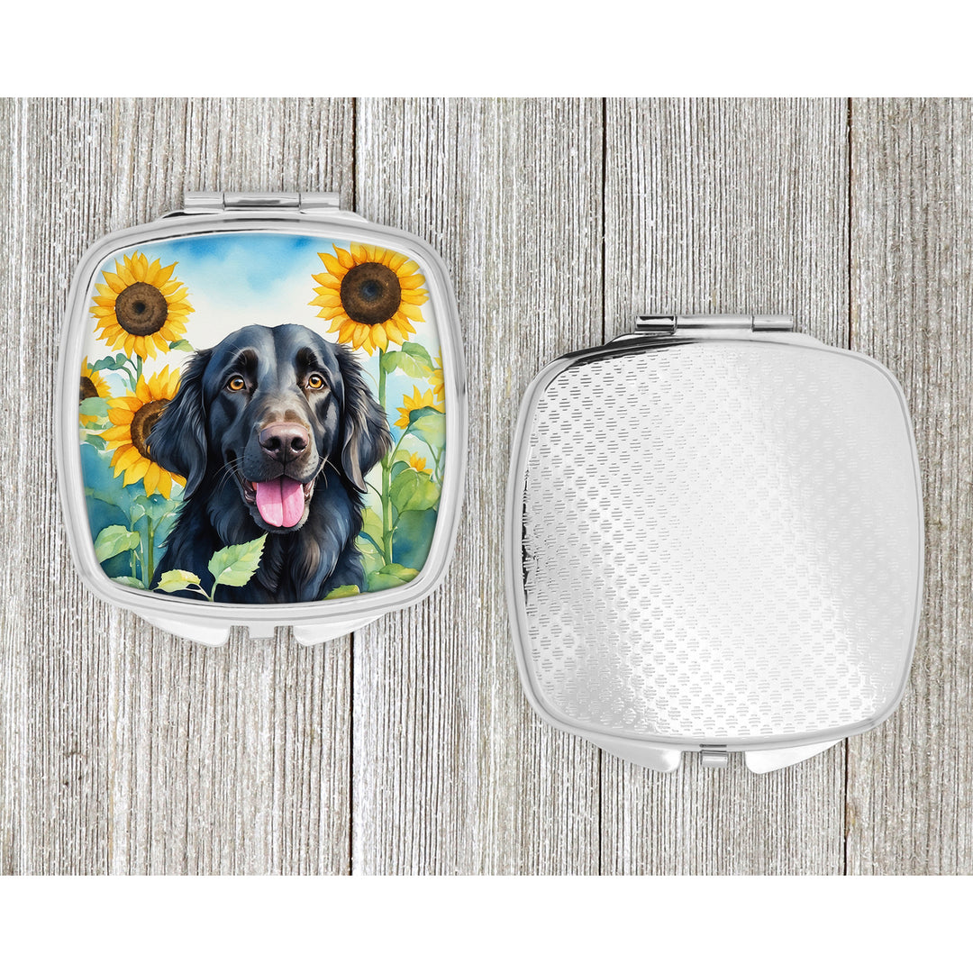 Flat-Coated Retriever in Sunflowers Compact Mirror Image 4
