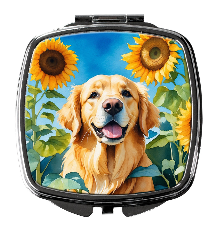 Golden Retriever in Sunflowers Compact Mirror Image 1