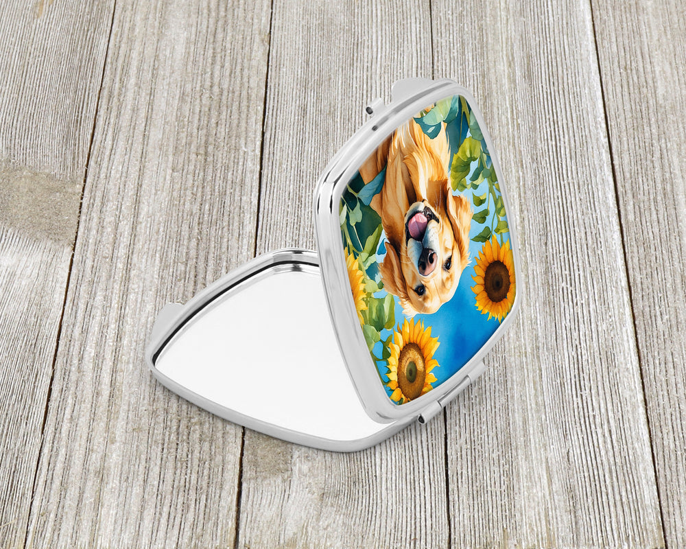 Golden Retriever in Sunflowers Compact Mirror Image 2