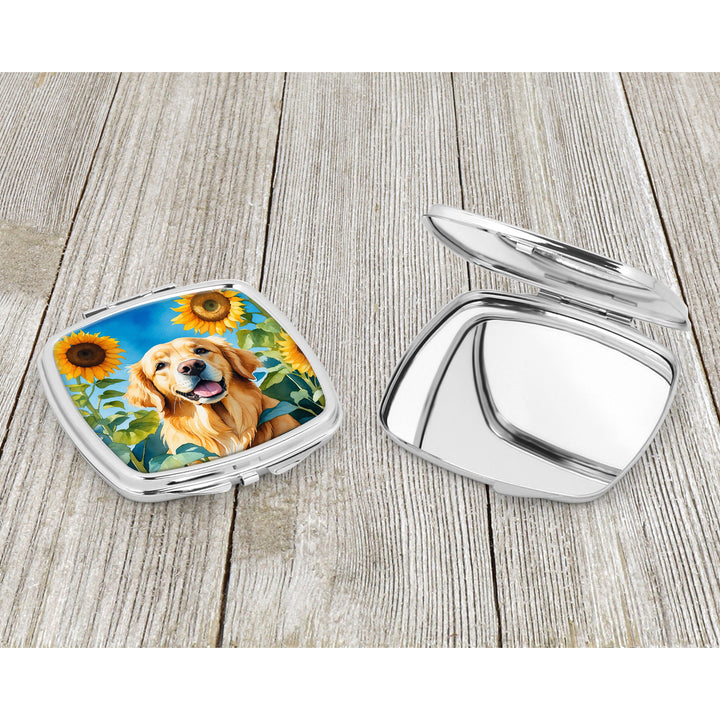 Golden Retriever in Sunflowers Compact Mirror Image 3