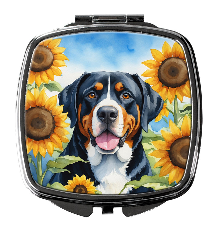 Greater Swiss Mountain Dog in Sunflowers Compact Mirror Image 1