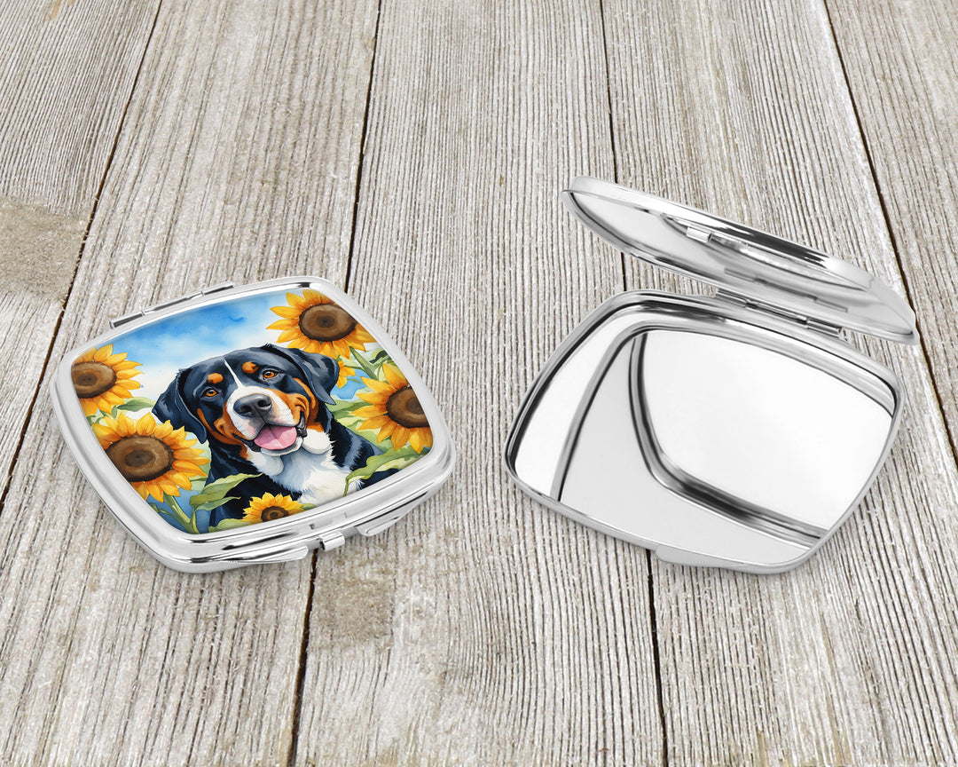 Greater Swiss Mountain Dog in Sunflowers Compact Mirror Image 3