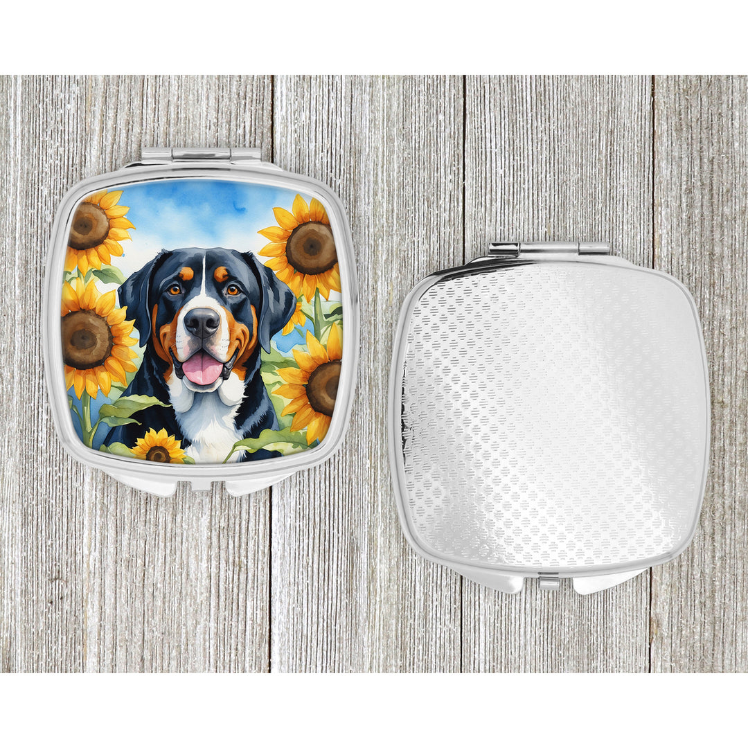 Greater Swiss Mountain Dog in Sunflowers Compact Mirror Image 4