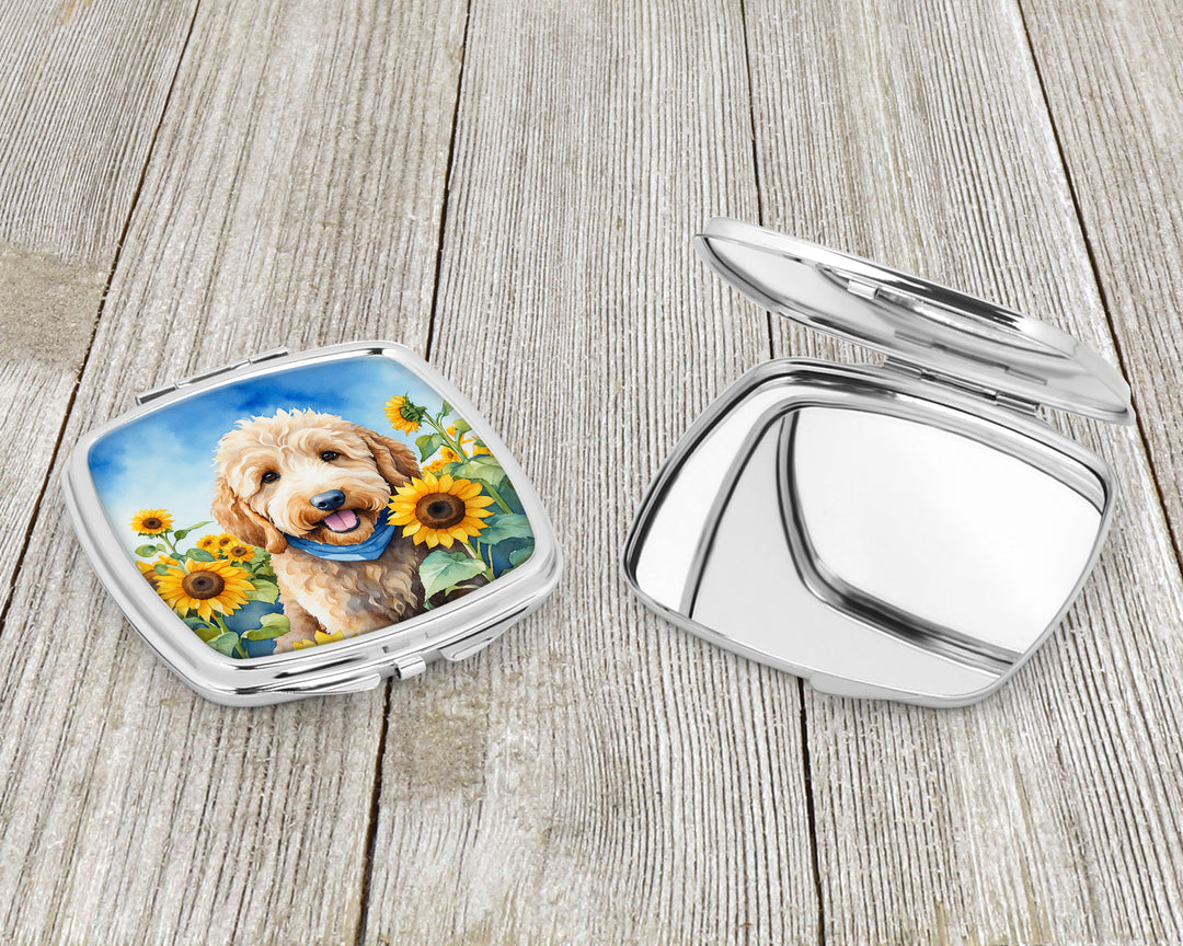 Goldendoodle in Sunflowers Compact Mirror Image 3