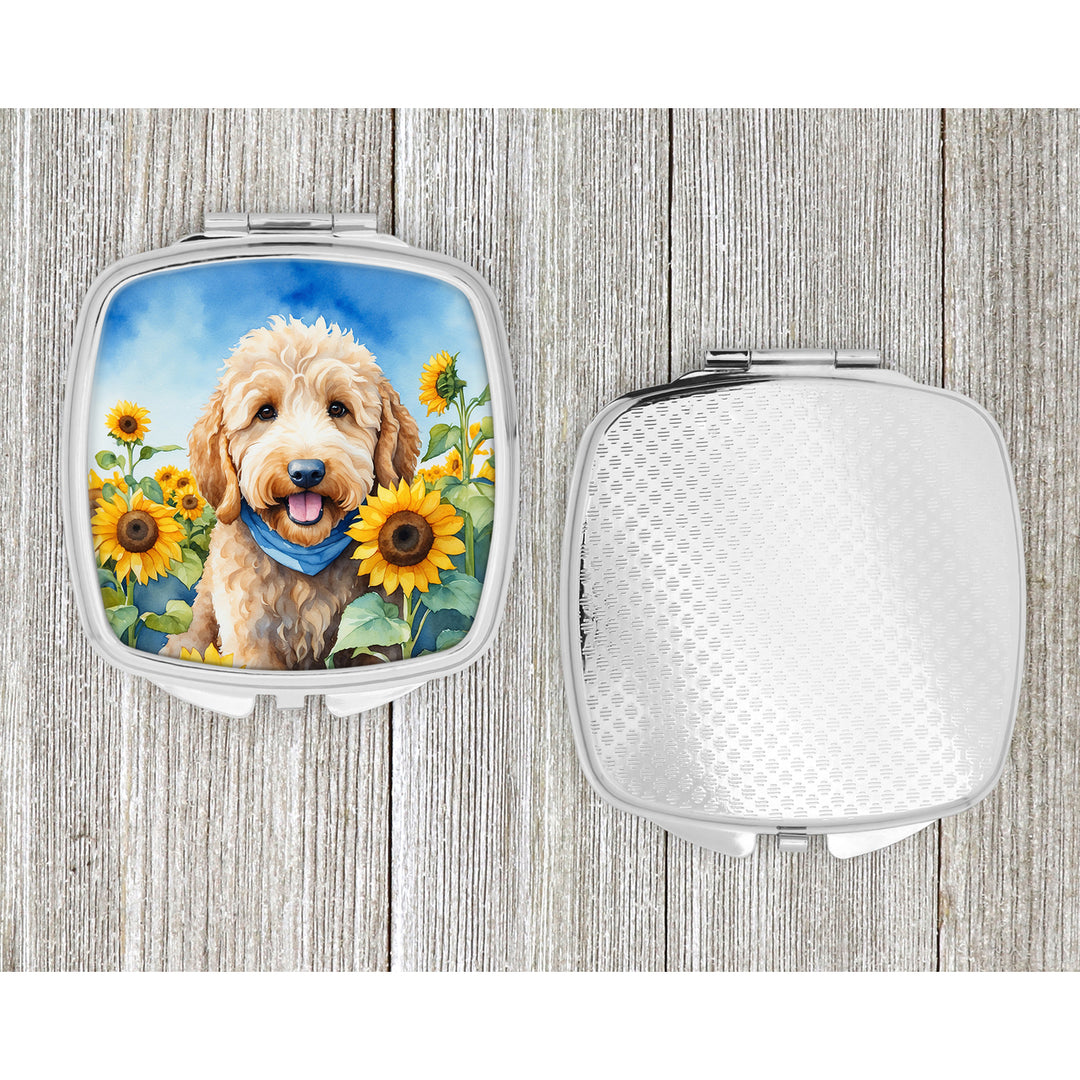 Goldendoodle in Sunflowers Compact Mirror Image 4
