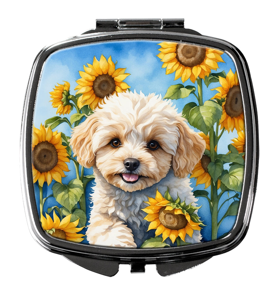 Maltipoo in Sunflowers Compact Mirror Image 1